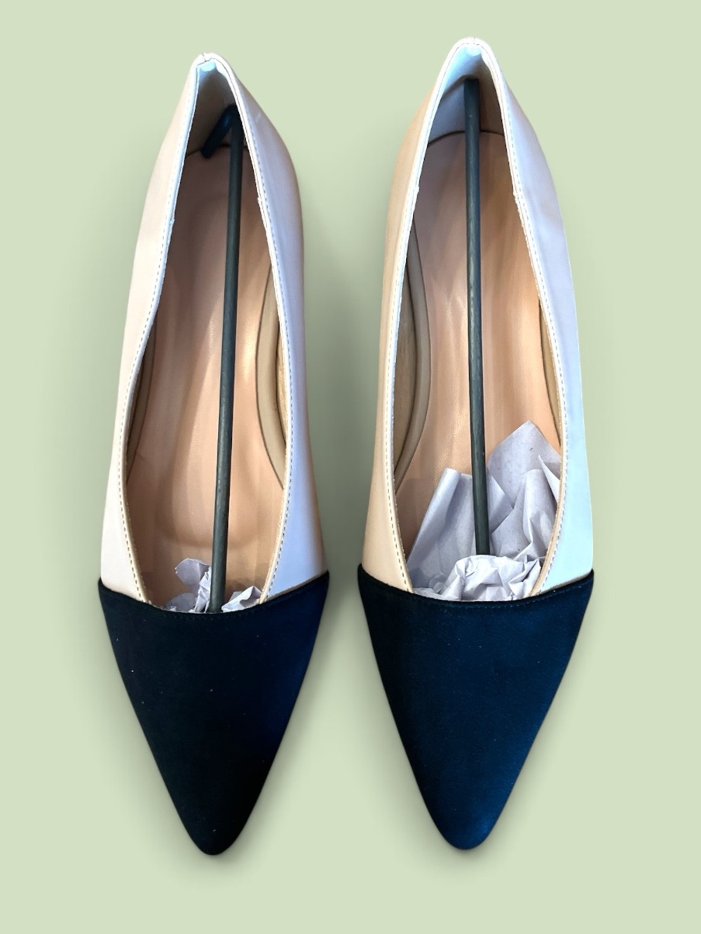 Pointed Toe Two-Tone Faux Leather Flats in Black and Cream